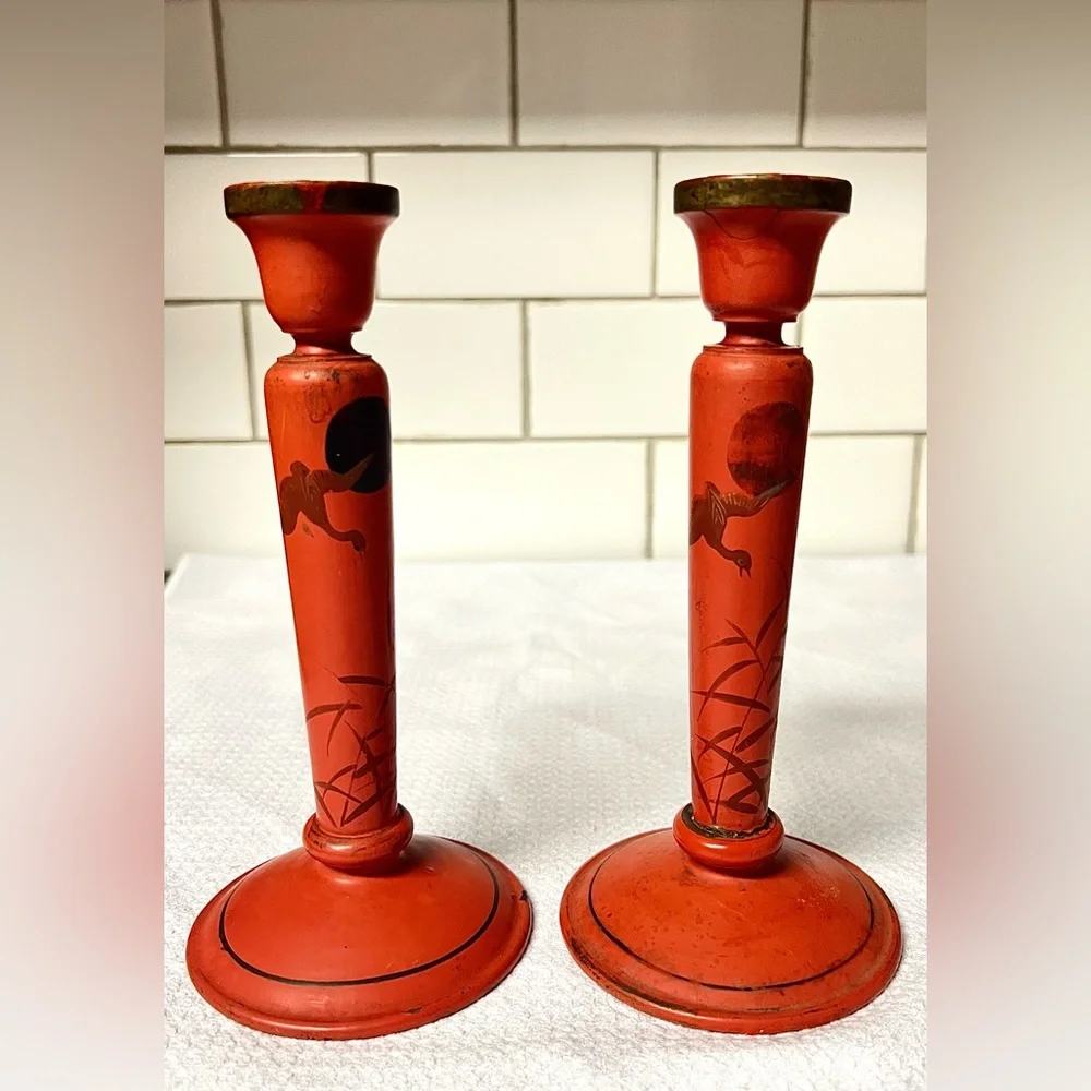Antique Japanese Cinnabar Lacquer Candlesticks Meiji/Taisho Era Crane&Sun Motif